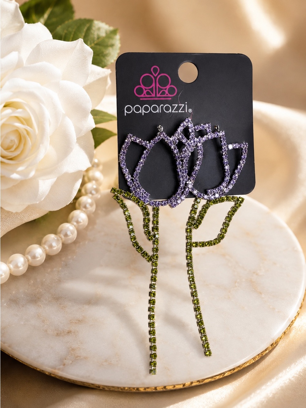 paparazzi Lavender Blossom Dangle Earrings with Green Stem